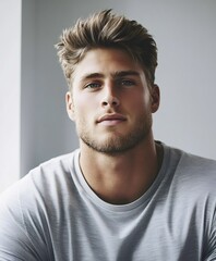 Fototapeta premium Young man with styled hair, light beard, gray tee, projecting confident urban aesthetic