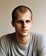 Obraz premium Close up portrait of a serious young man with short hair and receding hairline wearing a gray t shirt