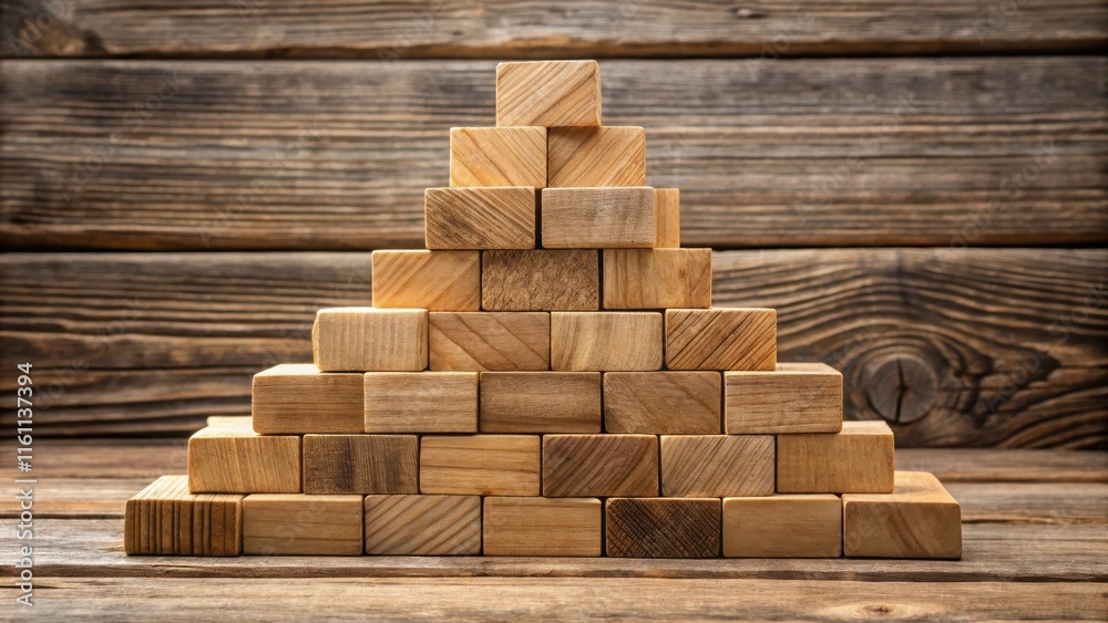 Poster a pyramid constructed from wooden blocks, each piece carefully placed, creating a visual representat