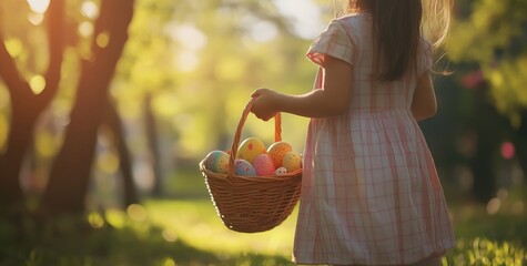 Girl in white dress holds basket of colorful eggs during sunset in a field