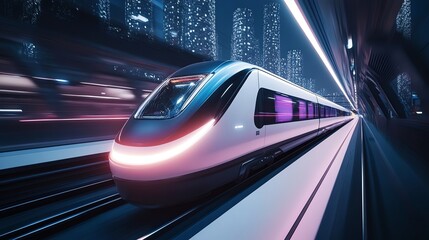 Futuristic Train Speeding Through Tunnel with Blue and Orange Light Trails