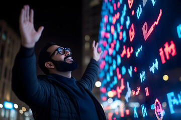 Joyful man celebrating success in front of a vibrant stock market ticker at night.