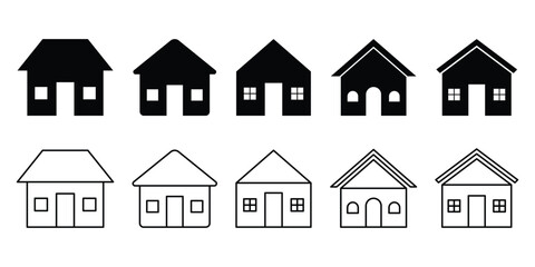 House icon with lines and simple design. Black and white house icon with chimney. Real estate house icon. Flat house icon. Abstract house icon set on white background.