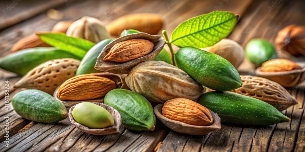 Poster a close-up of almonds in their shells, surrounded by green leaves and pods, lying on a rustic wooden