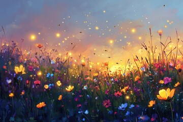 Enchanting Sunset Field Of Vibrant Flowers And Fireflies