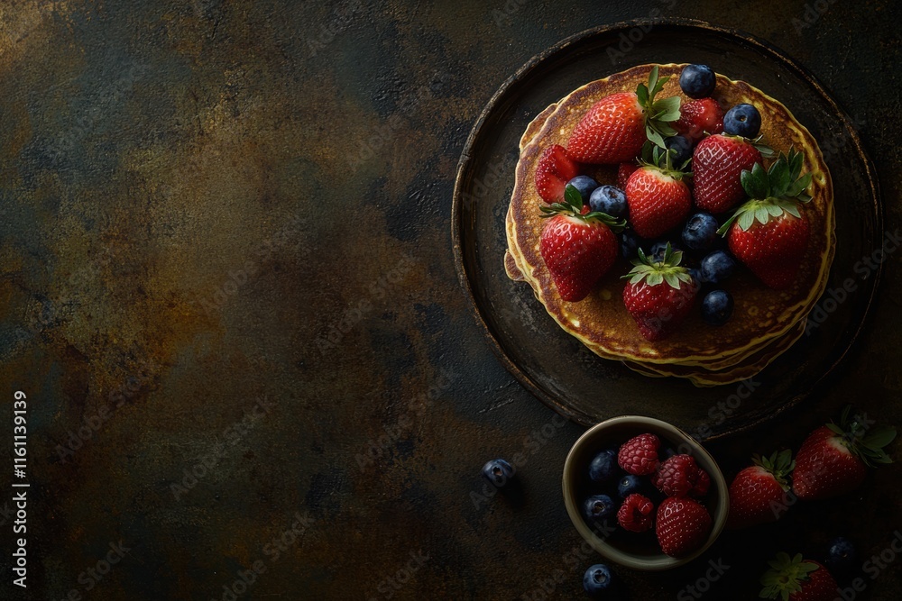 Poster delicious golden pancakes topped with fresh strawberries and blueberries on a rustic table. generati