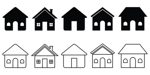 Fototapeta premium House icon with lines and simple design. Black and white house icon with chimney. Real estate house icon. Flat house icon. Abstract house icon set on white background.