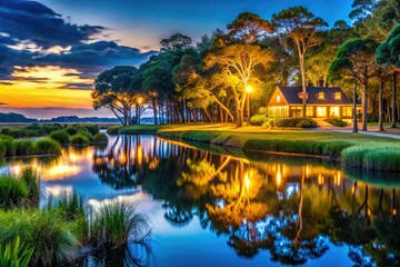 Dramatic night photography captures Sea Pines Plantation's beauty, illuminating Hilton Head Island's nocturnal charm.