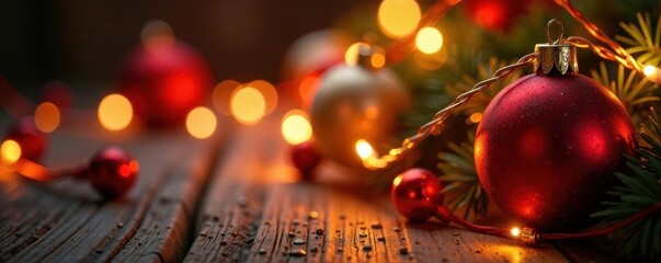 Fototapeta premium Warm, glowing string lights entwined with red and gold ornaments , sparkle, bokeh, festive lights