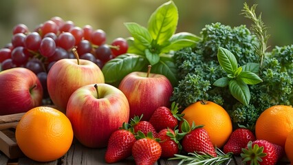 Vibrant Fresh Fruits & Vegetables Still Life, Apples, Strawberries, Oranges, Kale, Grapes, Basil, Rosemary on Rustic Wood