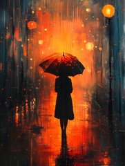 Silhouette of a Person Holding an Umbrella During a Rainy Evening With Glowing Streetlights in an Urban Setting