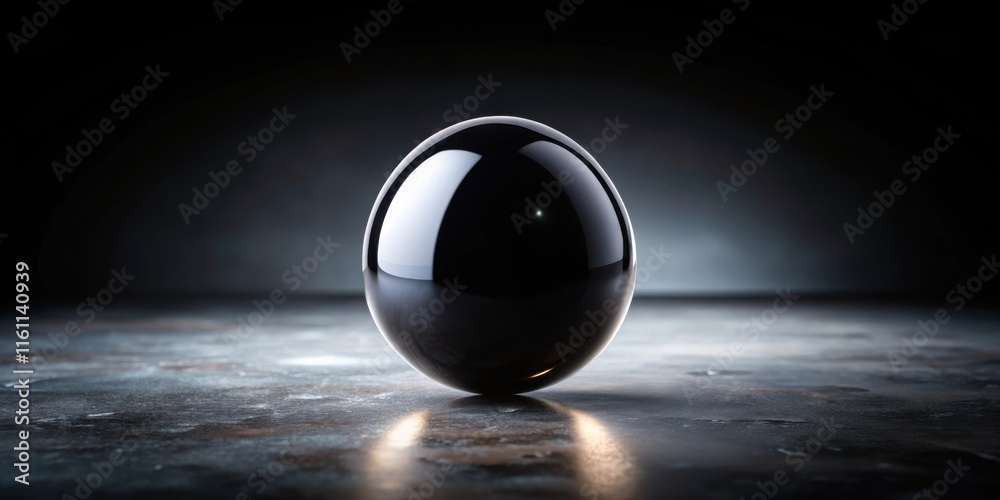 Leinwandbilder A single black orb resting on a metallic surface, illuminated by a subtle spotlight from the background, creating a striking contrast and emphasizing the sphere's smooth, reflective texture.