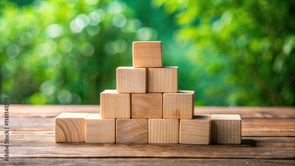 Poster A Stack of Unfinished Wooden Blocks on a Rustic Tabletop with a Defocused Background of Lush Greenery