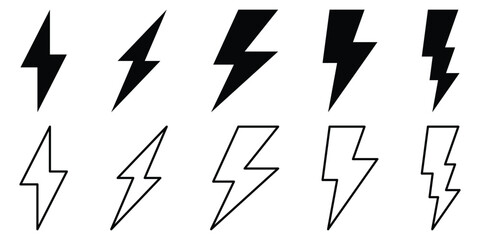 Lightning bolt icons set isolated on white background.