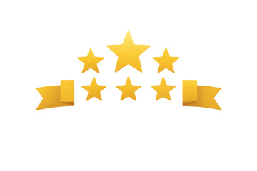 Fototapeta premium Five star rating illustration with ribbon on white background, symbolizing excellence and positive feedback. Yellow five star rating with decorative ribbon review and feedback themes.