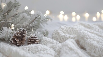 A close-up of snow-covered pine cones and evergreen branches on the left side