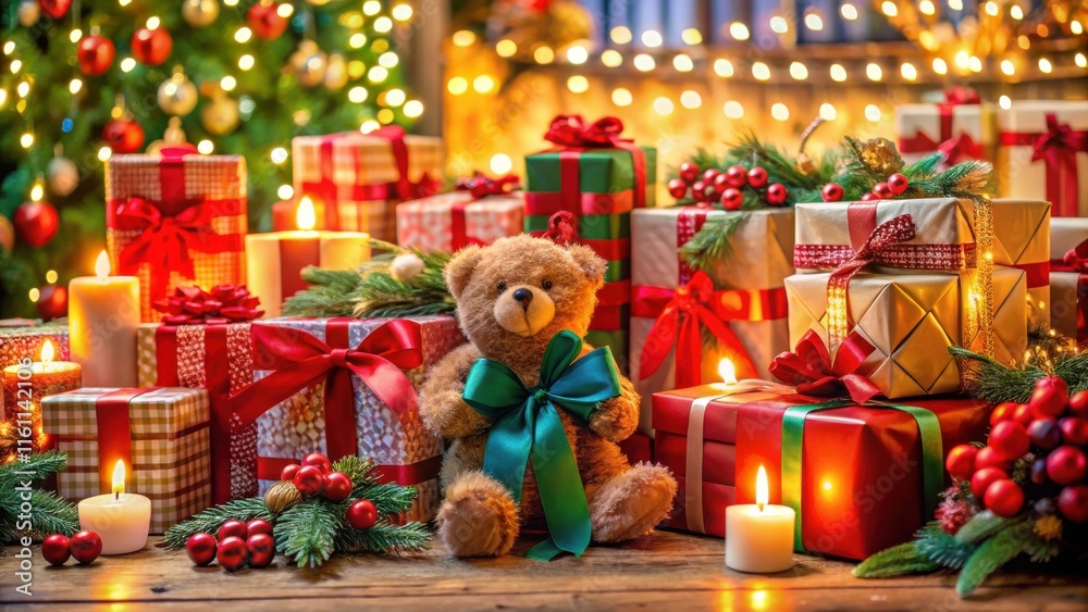 Poster a plush teddy bear sits amidst a festive collection of wrapped presents, illuminated by the soft glo