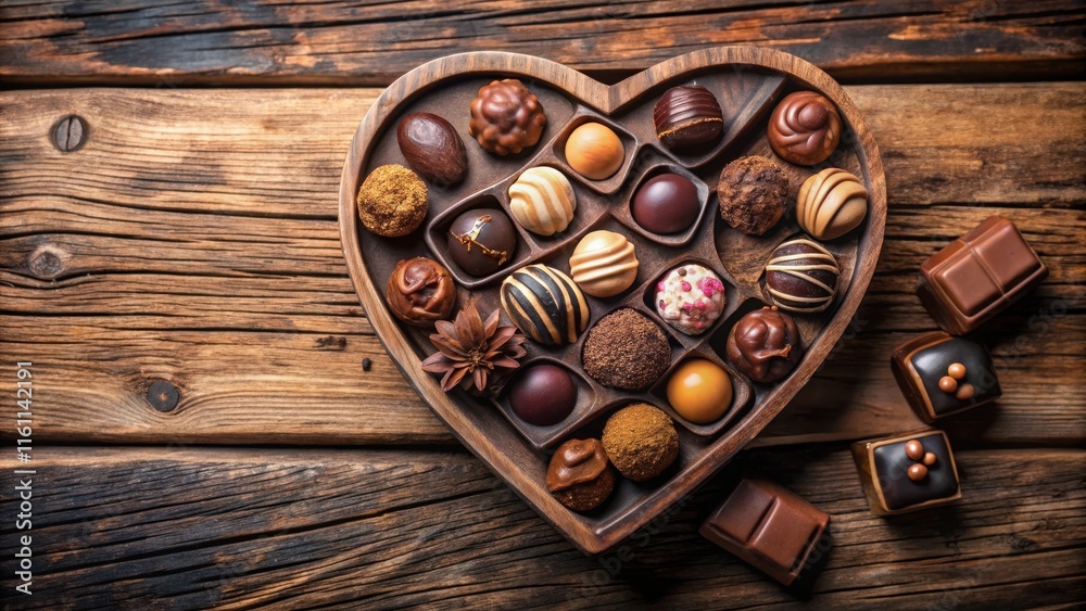 Poster assortment of assorted gourmet chocolates arranged in a heart shaped wooden box on a rustic wooden b