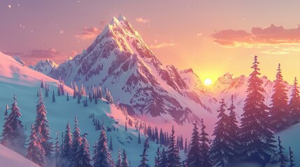 Beautiful winter mountain landscape with snow-covered peaks and trees at sunset