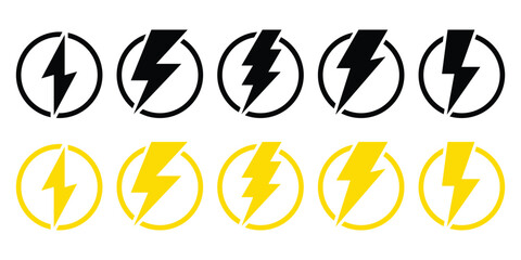 Lightning bolt icons set. Black and yellow flash symbol, thunderbolt vector illustration. Thunder charging power for electricity energy and batteries.