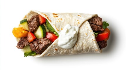 Delicious Beef Burrito Mediterranean Style Veggies Tzatziki Sauce