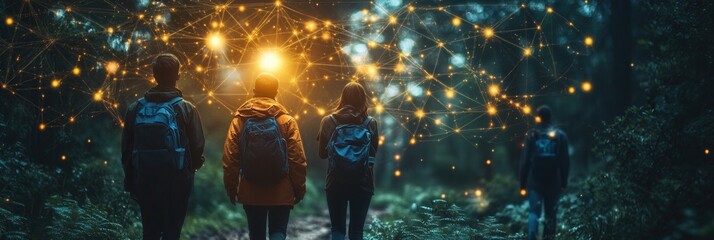 Connected Community, diverse individuals collaborating in a vibrant digital landscape, showcasing social media icons and teamwork elements.