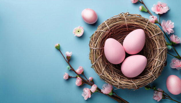 A wicker nest with pink Easter eggs is decorated with delicate pink flower buds against a soft blue background. copy space - Powered by Adobe