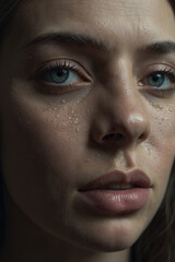 Portrait of a crying woman with a sad look. Emotional image with teardrops on her face. Ideal for illustrations, dramatic scenes and projects about emotions