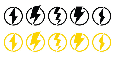 Black and yellow thunder bolt vector icon. Lightning symbol. Power energy sign lightning bolt icon.
