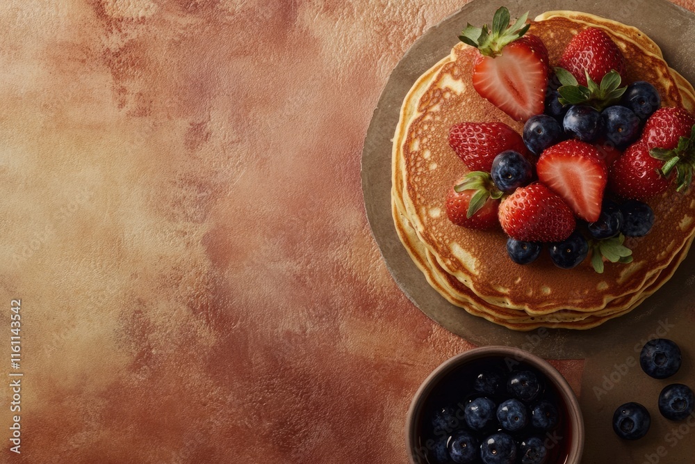 Poster delicious stack of golden pancakes topped with fresh strawberries and blueberries on a rustic table.