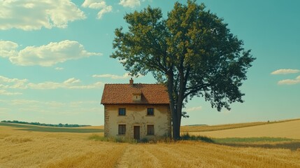 Fototapeta premium Lonely farmhouse in a golden wheat field, under a large tree, sunny day.
