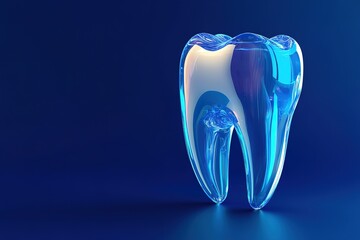 Translucent blue tooth model on a dark blue background.  Perfect for dental health and hygiene concepts.
