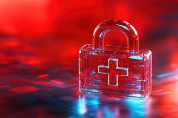 Transparent padlock with medical cross symbol on a red and blue reflective surface. Represents data security in healthcare.