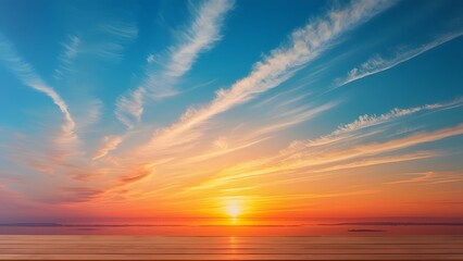 Obraz premium Serene Sunrise, Vibrant Orange and Pink Hues over Calm Ocean with Wooden Tabletop - Tranquil Peaceful Sky Background