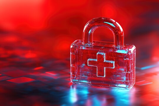 Transparent padlock with medical cross symbol on a red and blue reflective surface.  Represents data security in healthcare. - Powered by Adobe