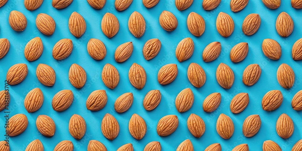 Poster A Seamless Pattern of Almonds Arranged in a Diagonal Formation on a Vibrant Blue Background