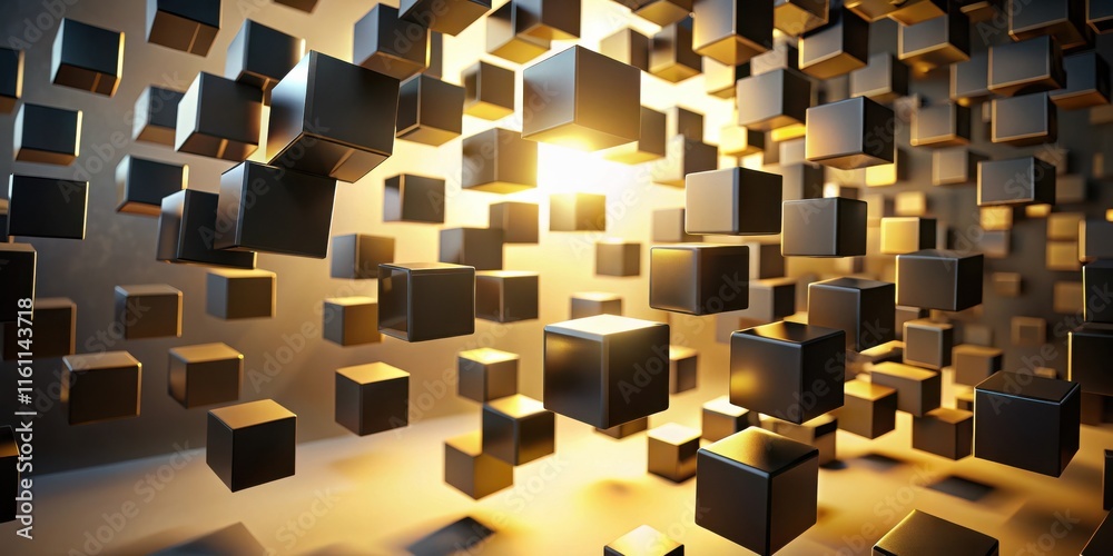 Poster a mesmerizing abstract display of floating black cubes arranged in a chaotic pattern, bathed in warm