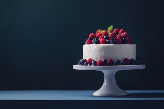 Delicious berry cake on a cake stand against a dark background.