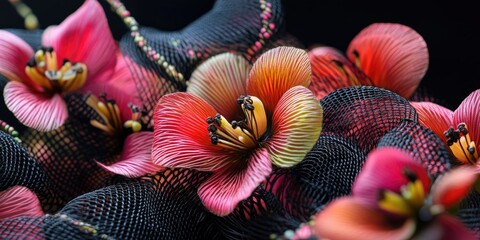 Fototapeta premium Red Flowers Entwined in Black Mesh Netting