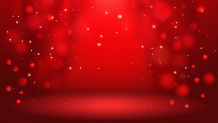 A bright red Christmas background with shiny snowflakes and star lights celebrates the winter holiday season.