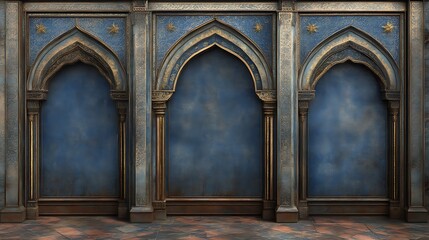 Naklejka premium Ornate Blue And Gold Archway Wall Paneling