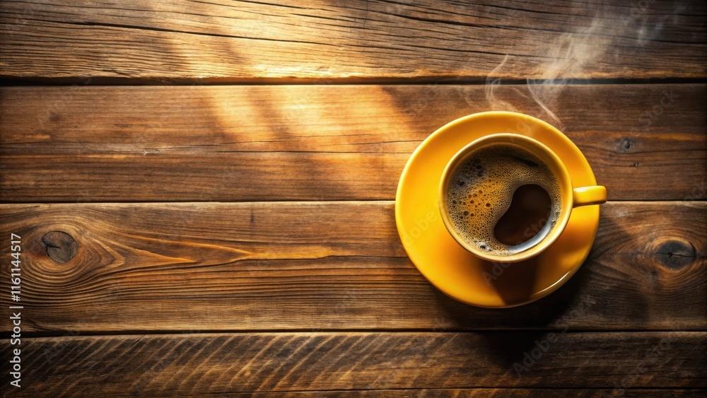 Poster a steaming cup of coffee on a rustic wooden table with a sunbeam shining through
