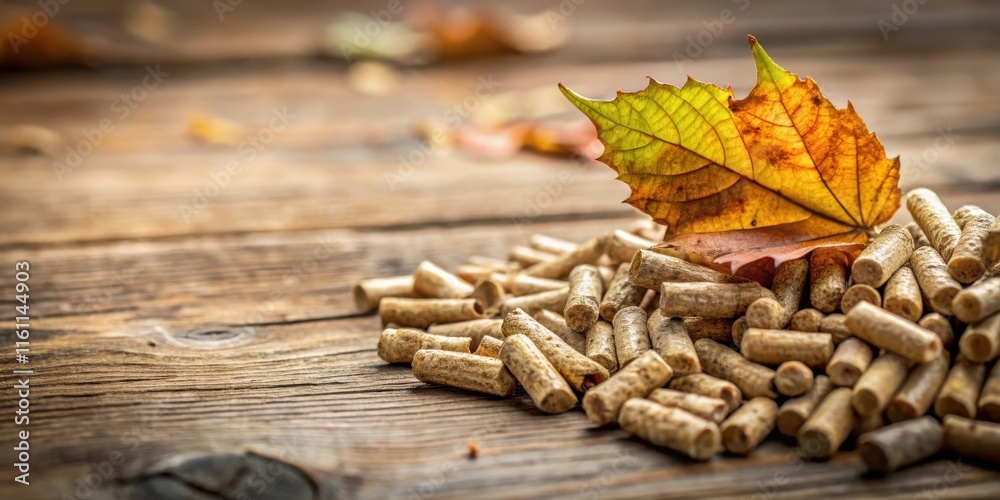 Poster a pile of wooden pellets and a fallen autumn leaf on a rustic wooden table