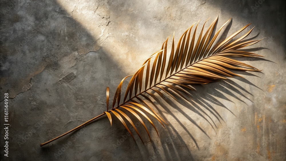 Poster a single palm frond casts a long, delicate shadow on a textured concrete wall, creating a minimalist