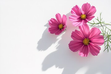 Pink cosmos flowers on white background.  Beautiful floral arrangement with delicate petals and soft shadows.