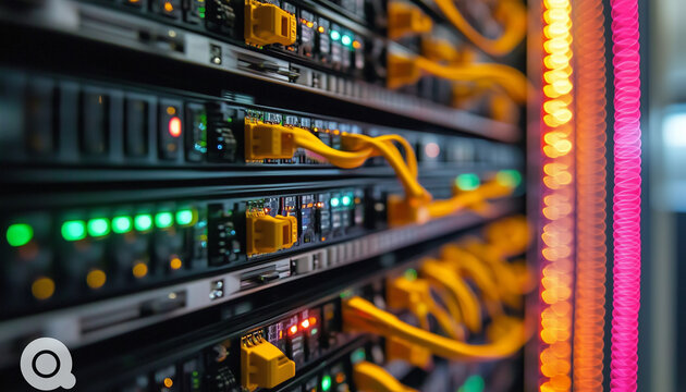 detailed close-up of server racks in data storage cente. hub and patch cables