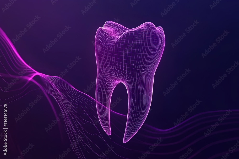 Fototapete wireframe model of a tooth, digitally rendered against a dark purple background with flowing lines.