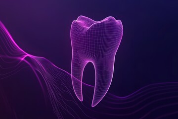 Wireframe model of a tooth, digitally rendered against a dark purple background with flowing lines.