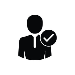 User profile sign web icon with check mark glyph. User authorized vector illustration design element. Flat style design icon. Account verified icon. Checked