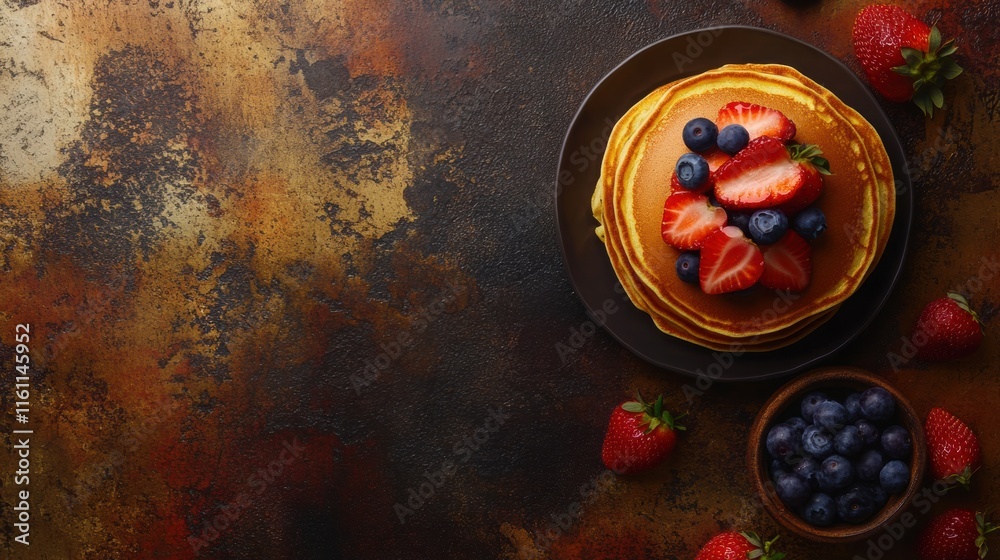 Aufkleber delightful stack of golden pancakes with fresh strawberries and blueberries ready for breakfast on a